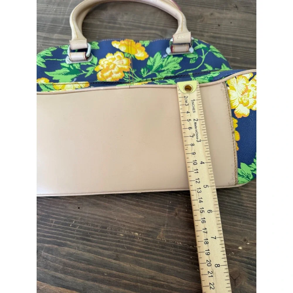 Tignanello Bed of Roses Floral Satchel Handbag Purse Navy Yellow Flower Print